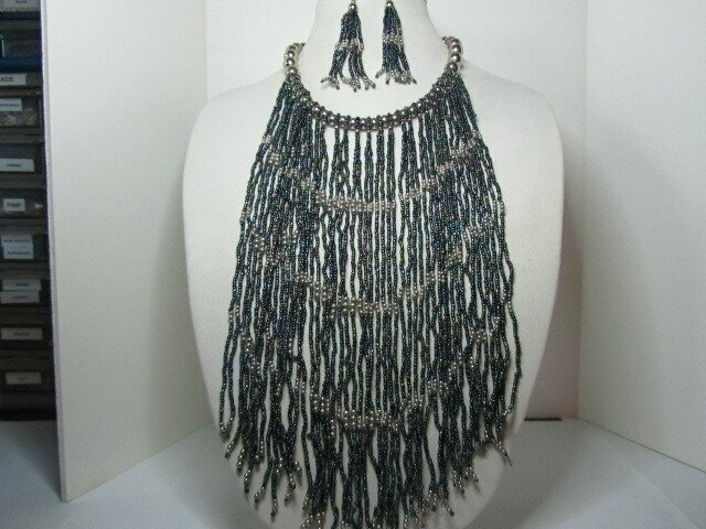 Peacock and Silver Multi Strand Seed Bead Bib Necklace and Drop Earrings