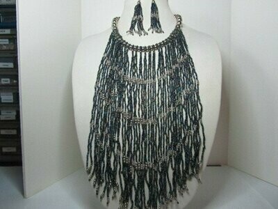 Peacock and Silver Multi Strand Seed Bead Bib Necklace and Drop Earrings