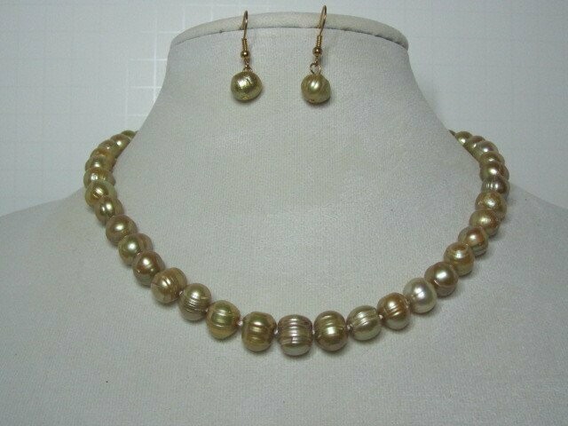 Gold Freshwater Pearl Necklace and Drop earrings