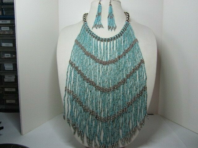 Turquoise and Silver Multi Strand Seed Beads Bib and Drop Earrings