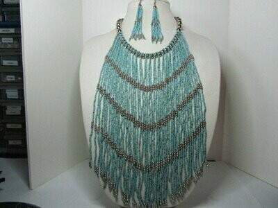 Turquoise and Silver Multi Strand Seed Beads Bib and Drop Earrings