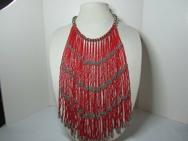 Red and Silver Seed Bead Multi Strand Bib Necklace and Drop Earrings