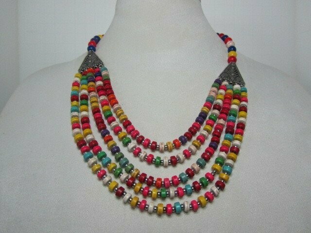 Multicolored Howlite 5 Strand Necklace and 3 Strand Bracelet in Silvertone