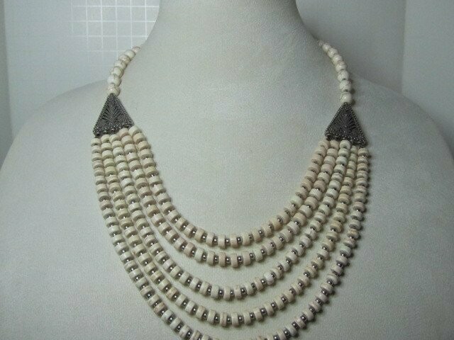 White Howlite 5 Strand Necklace and 3 Strand Bracelet in Silvertone