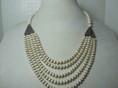 White Howlite 5 Strand Necklace and 3 Strand Bracelet in Silvertone