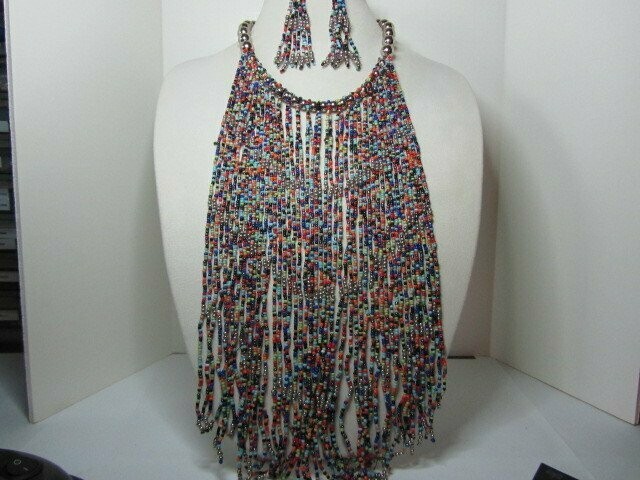 Multi Colored Seed Bead Bib and Earrings