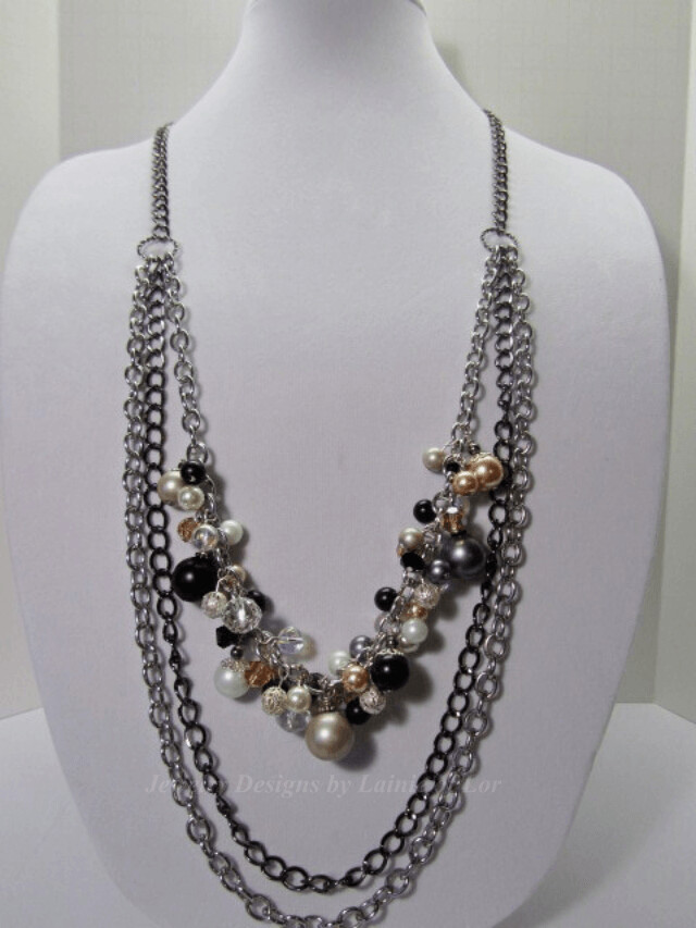 Black and Silver Chain, Pearls and Crystals Necklace
