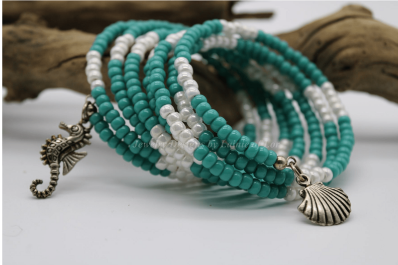 Turquoise and White Seed Bead Memory Wire Bracelet With Charms