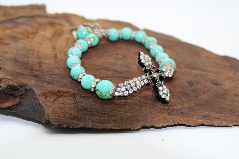 Turquoise  Howlite and Crystal Cross Stretchable Bracelet