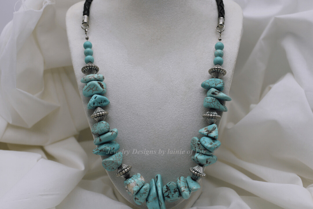 Light Turquoise Large Magnesite Chips and Leather Necklace