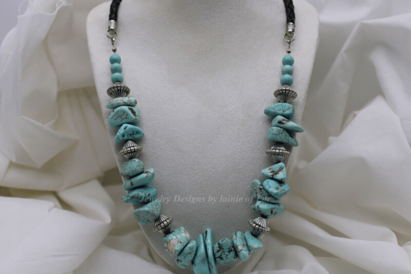 Light Turquoise Large Magnesite Chips and Leather Necklace