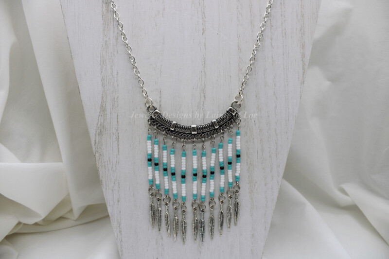 Seed Bead Pendant Necklace With Feathers in Turquoise, White, and Black