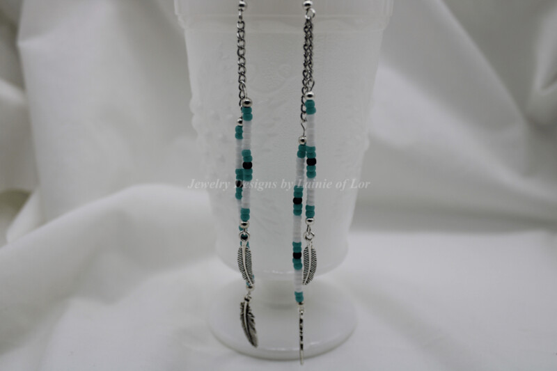 Turquoise, White, and Black Seed Beads and Feathers Earrings in Silver Tone