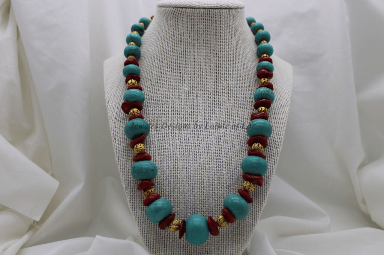 Bluegreen Turquoise Magnesite and Red Coral in Goldtone Necklace