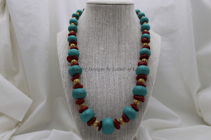 Bluegreen Turquoise Magnesite and Red Coral in Goldtone Necklace