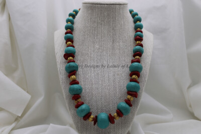 Bluegreen Turquoise Magnesite and Red Coral in Goldtone Necklace
