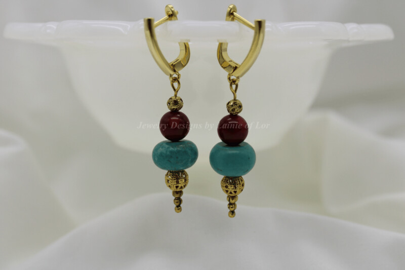 Bluegreen Turquoise and Red Coral Earrings in Goldtone