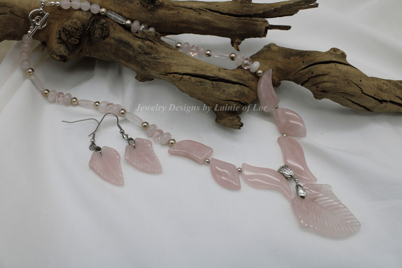 Rose Quartz Necklace with Leaf Pendant and Crystal Beads