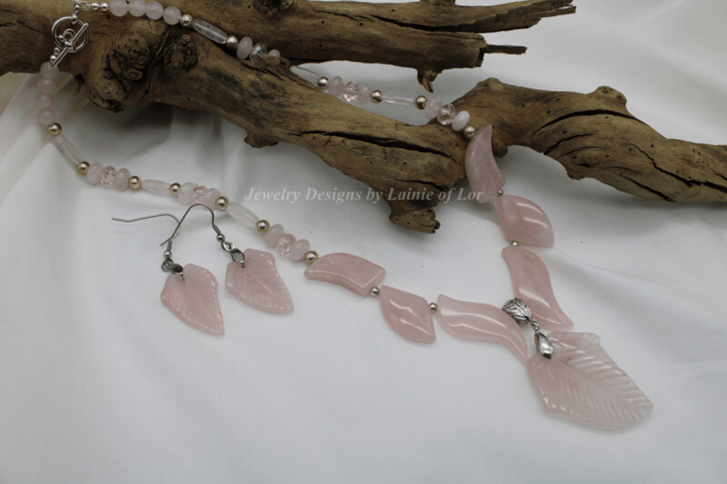 Rose Quartz Necklace with Leaf Pendant and Crystal Beads