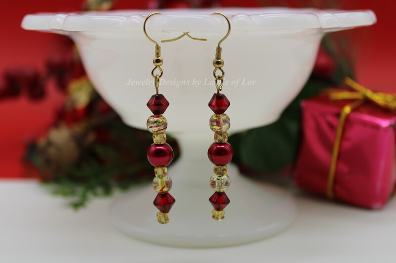 Red and Gold Glass Drop Earrings in Gold Tone