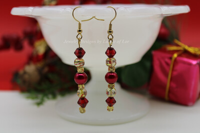 Red and Gold Glass Drop Earrings in Gold Tone