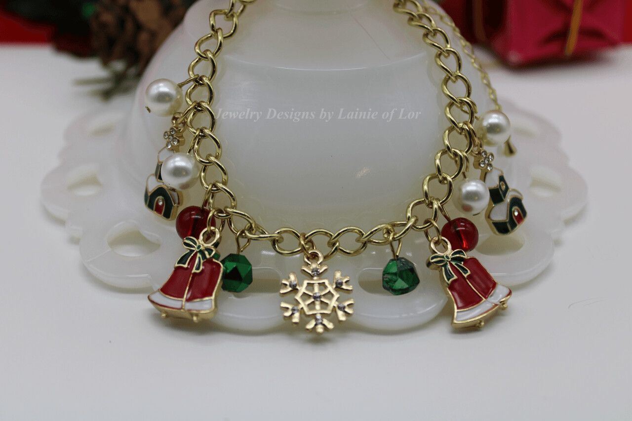 Christmas Enameled Charms Bracelet in Gold Tone