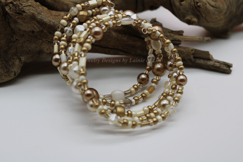 Gold and Cream 5 Strand Memory Wire Bracelet in Rose Gold