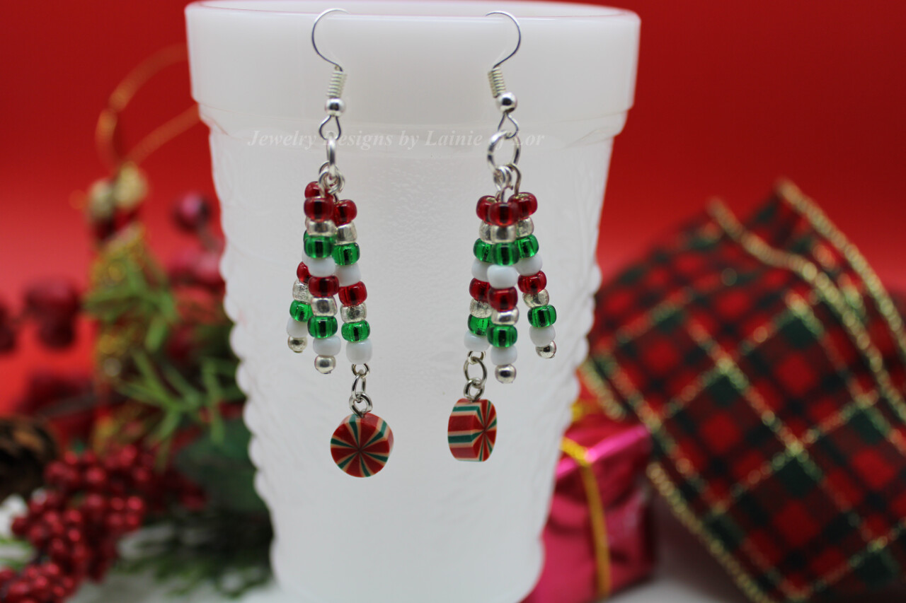 Red, Green, Silver, and White Seed Bead Dangle Earrings