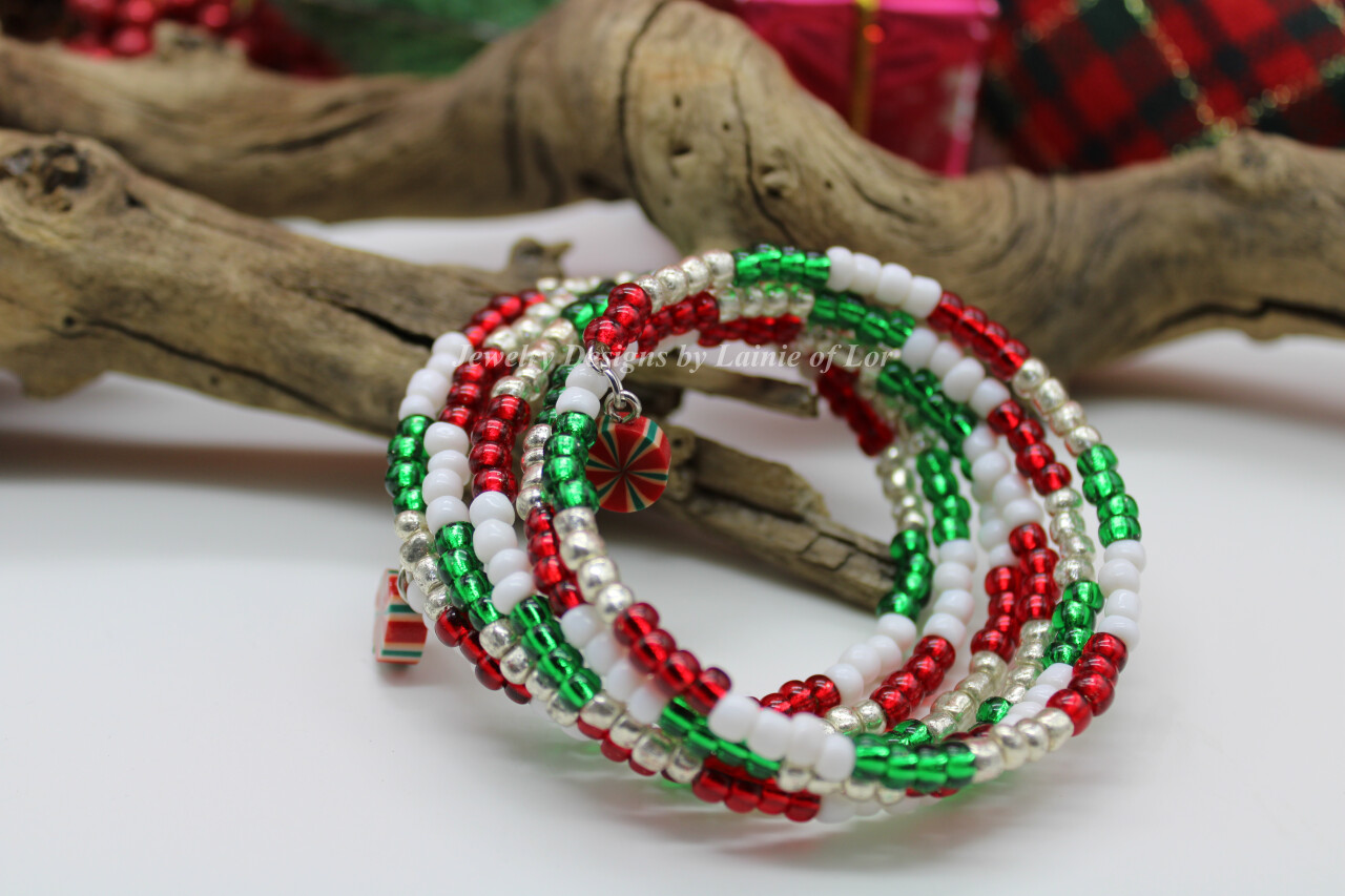 Red Green Silver and White Memory Wire Bracelet