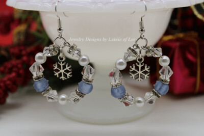 Blue, White, Clear Crystal Snowflake Hoop Earrings