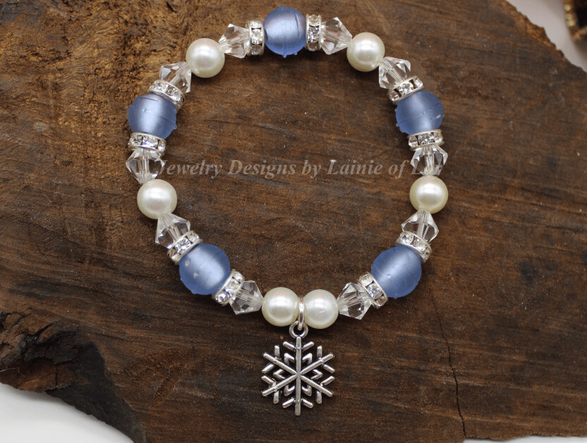 Blue, White, Crystal Stretch Bracelet with Snowflake Charm