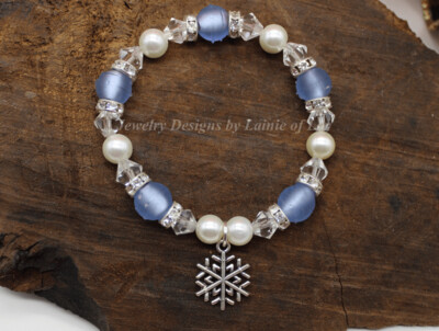 Blue, White, Crystal Stretch Bracelet with Snowflake Charm