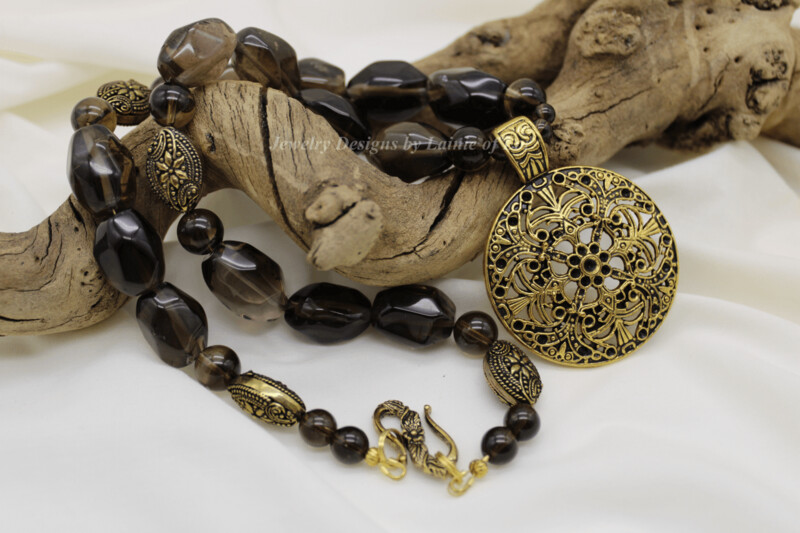 Smoky Quartz Nugget Necklace with Gold Tone Pendant
