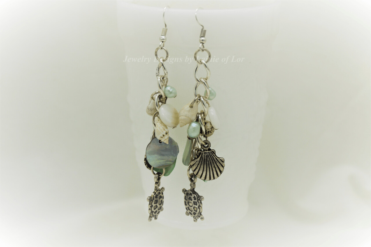 Pearl, Shell, and Sea Charms in Silver Tone Dangle Earrings