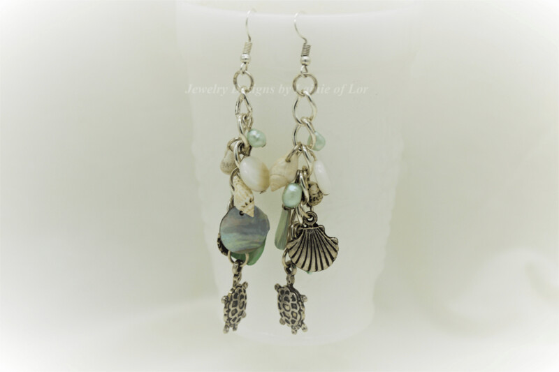 Pearl, Shell, and Sea Charms in Silver Tone Dangle Earrings