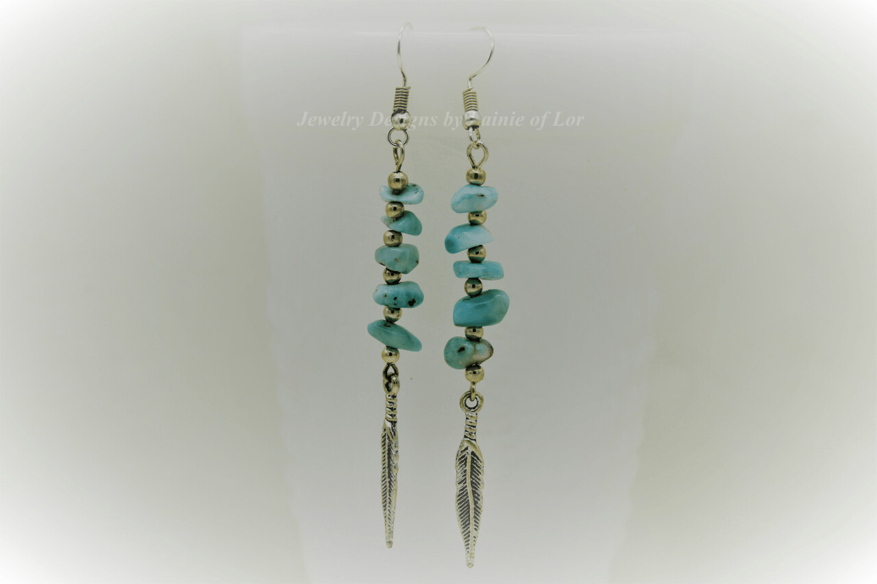 Larimar Chips and Silver Plated Feathers Earrings