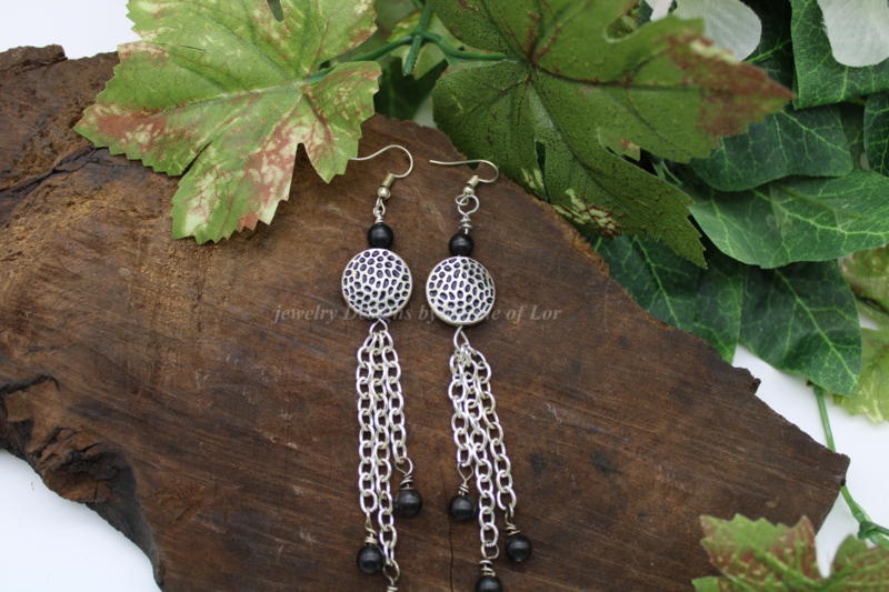 Black Magnesite and Silver Chain Drop Earrings