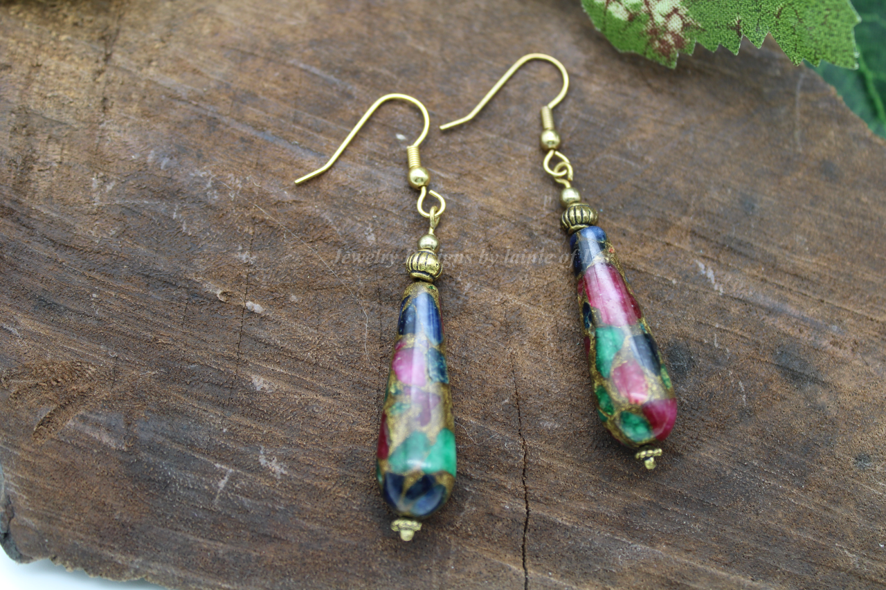Cloisonne Jasper Teardrop Earrings in Goldtone