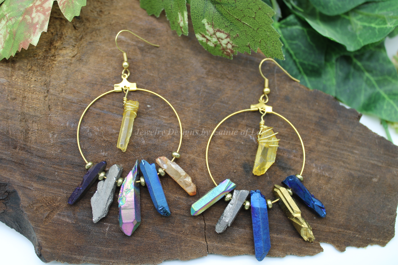Multi-colored Quartz Stick Hoop Earrings in Goldtone