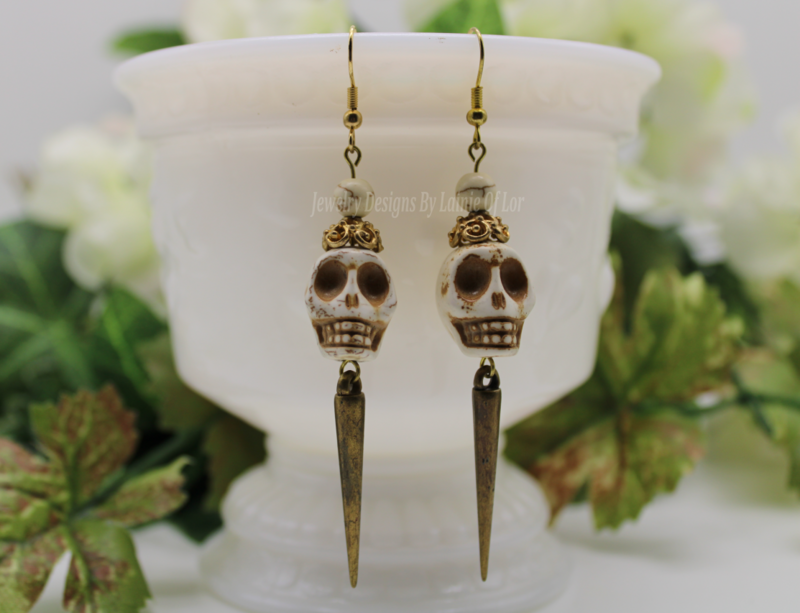 White Howlite Skull with Antique Gold Spike Earrings