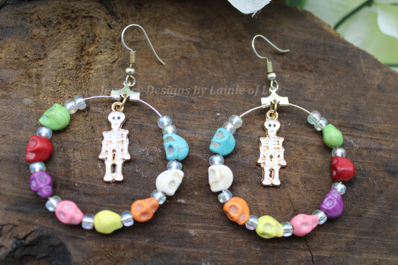 Multi-colored Skull Hoop Earrings in Silver Tone