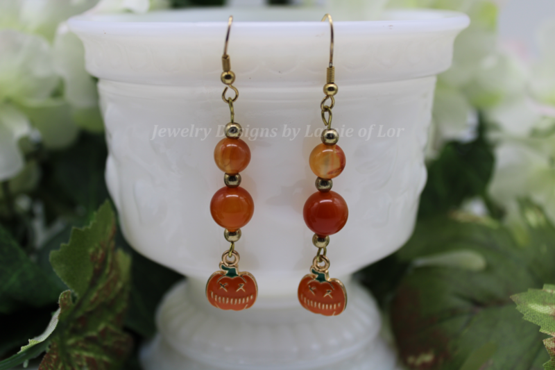 Carnelian and Pumpkin Drop Earrings in Gold Tone