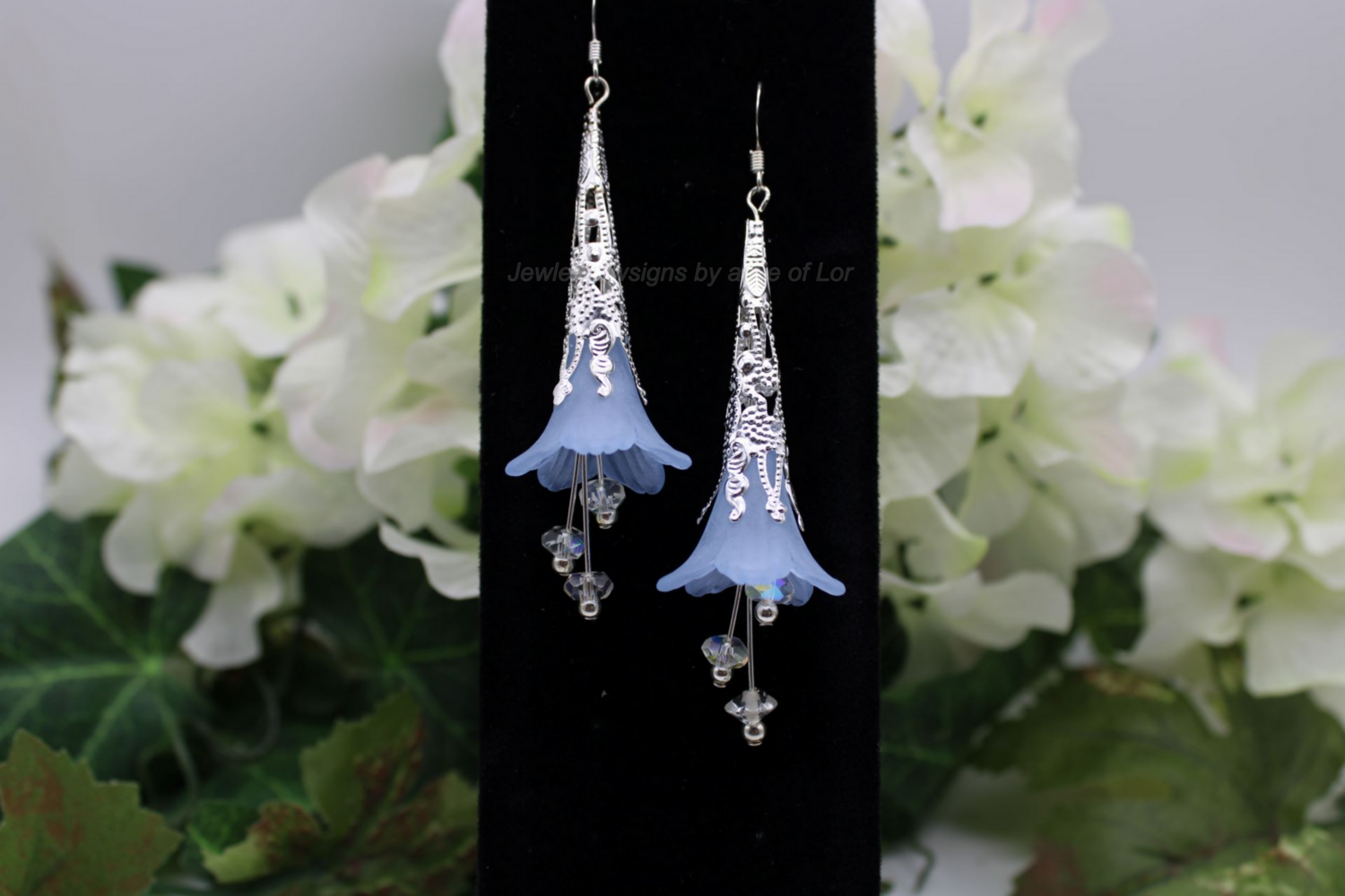 Blue Acrylic Flower Drop Earrings in Silver Tone