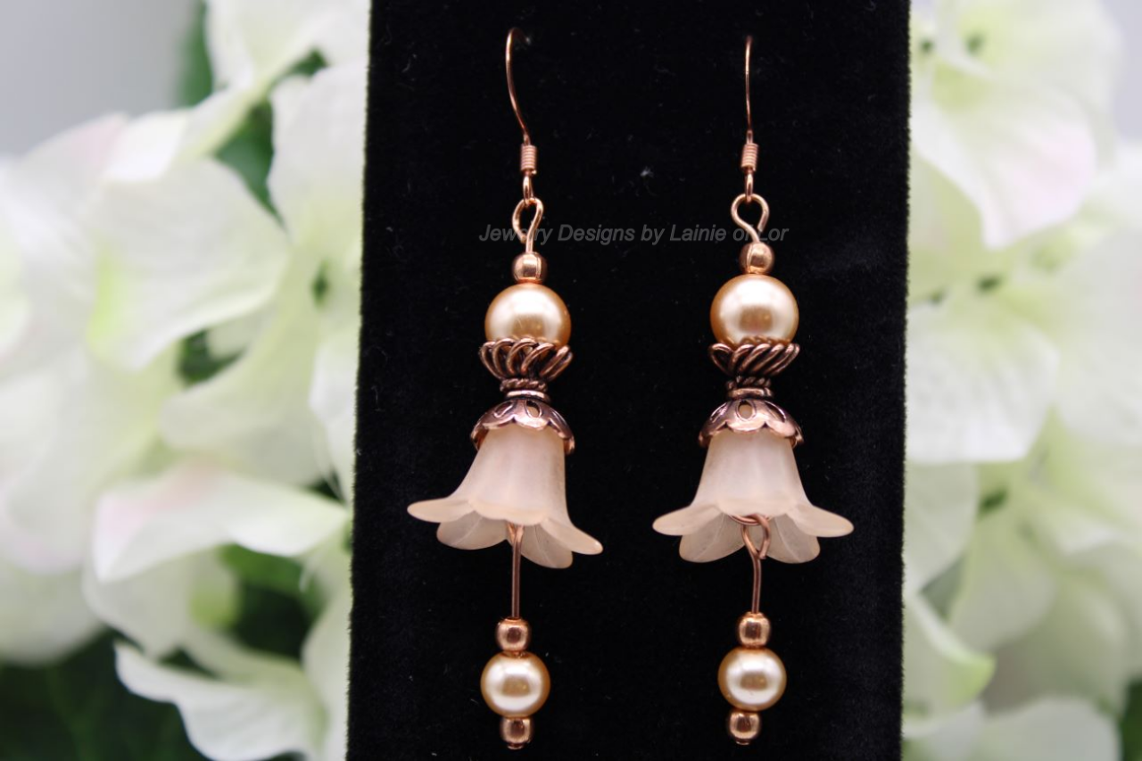 Peach Acrylic Flowers and Pearls Drop Earrings in Copper