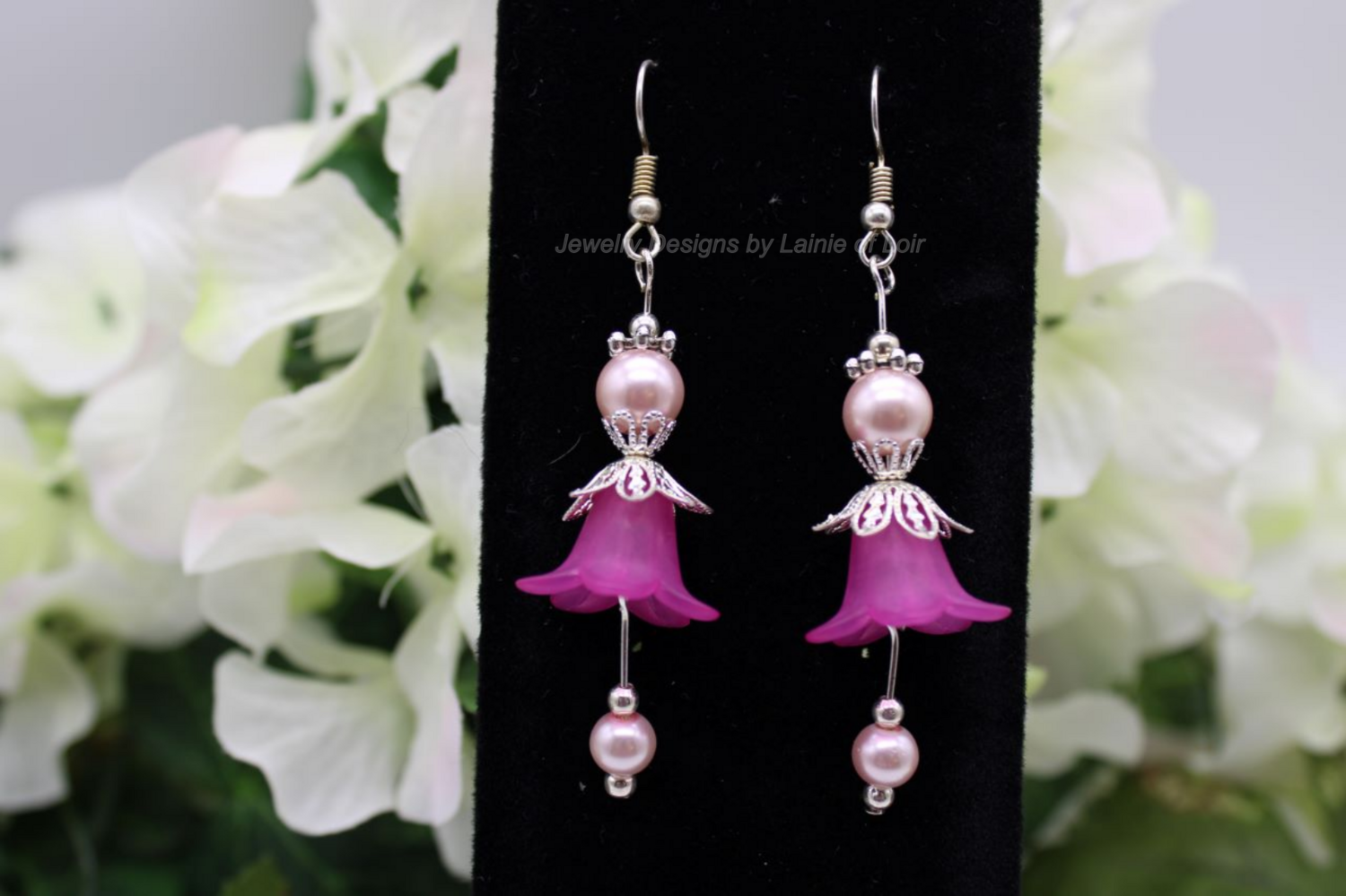 Fuchsia Acrylic Flowers and Pearls Drop Earrings