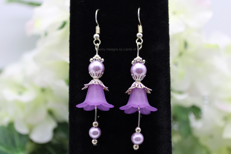 Purple Acrylic Flowers and Lavender Pearls Drop Earrings
