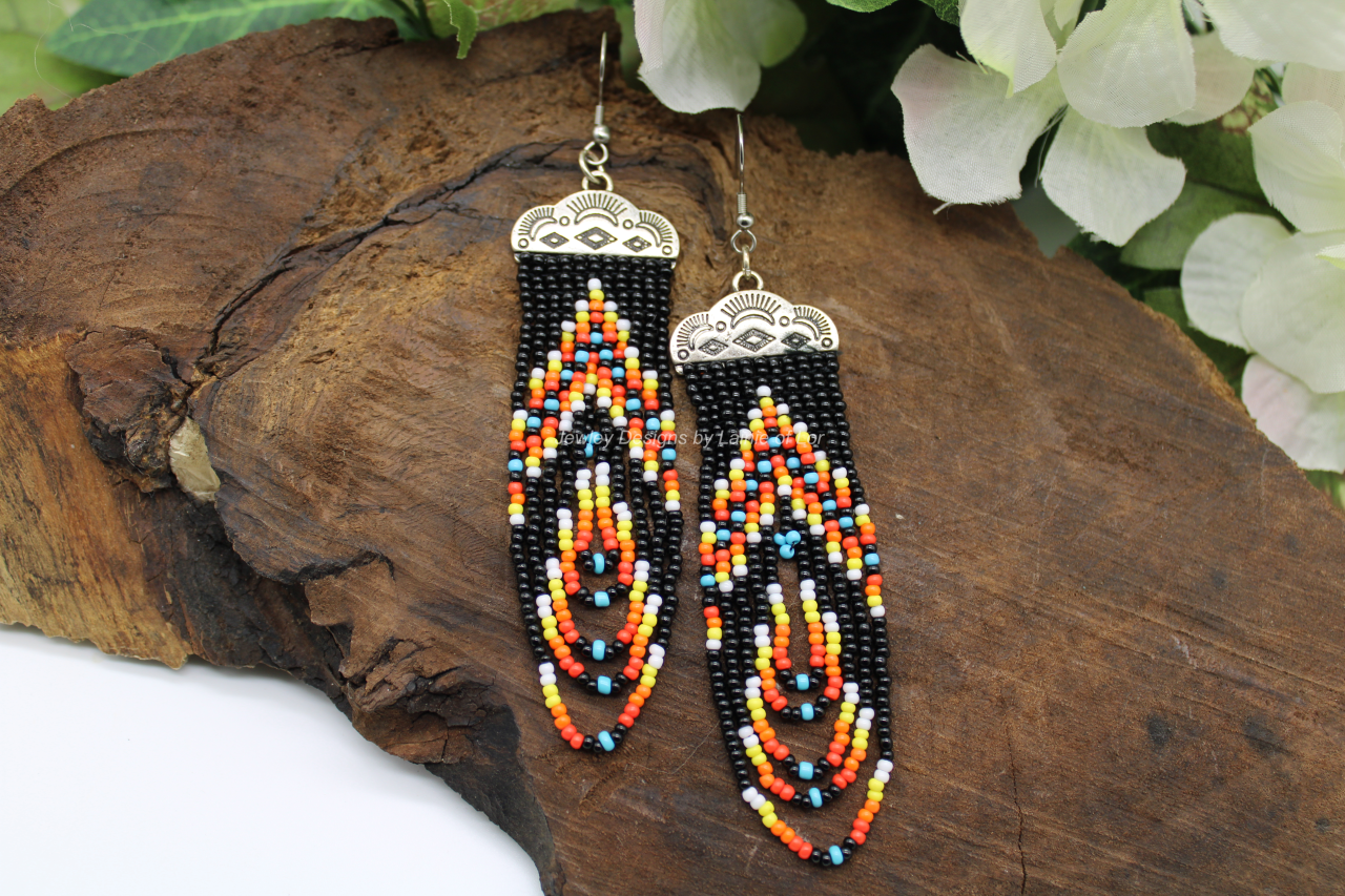 Dark Multicolored Seed Beads Earrings in Silvertone