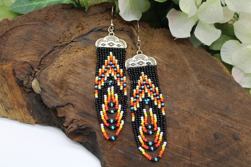 Dark Multicolored Seed Beads Earrings in Silvertone