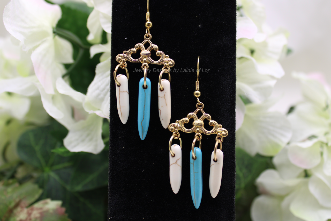 Turquoise and White Spike Chandelier Earrings in Gold Tone