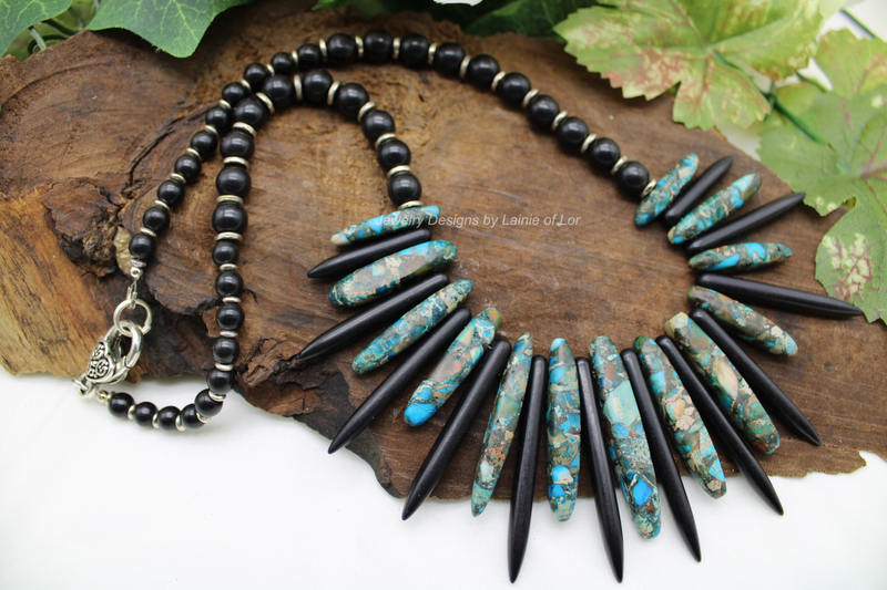 Turquoise Impression Jasper and Black Magnesite Spikes Necklace